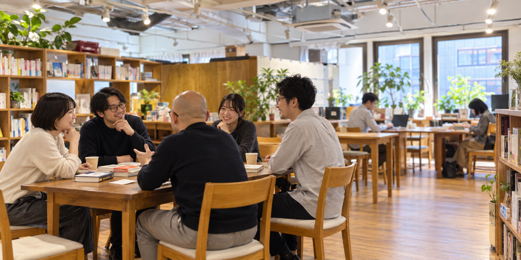 本のある空間で、木のテーブルを囲んで対話する人々